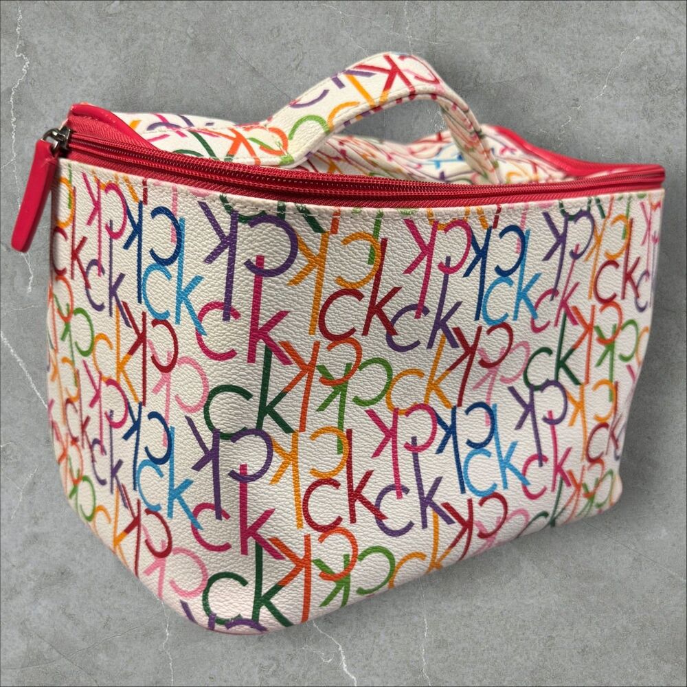 Calvin Klein Rainbow Multi Color Monogram Makeup Bag Tote With Handle Red Zipper